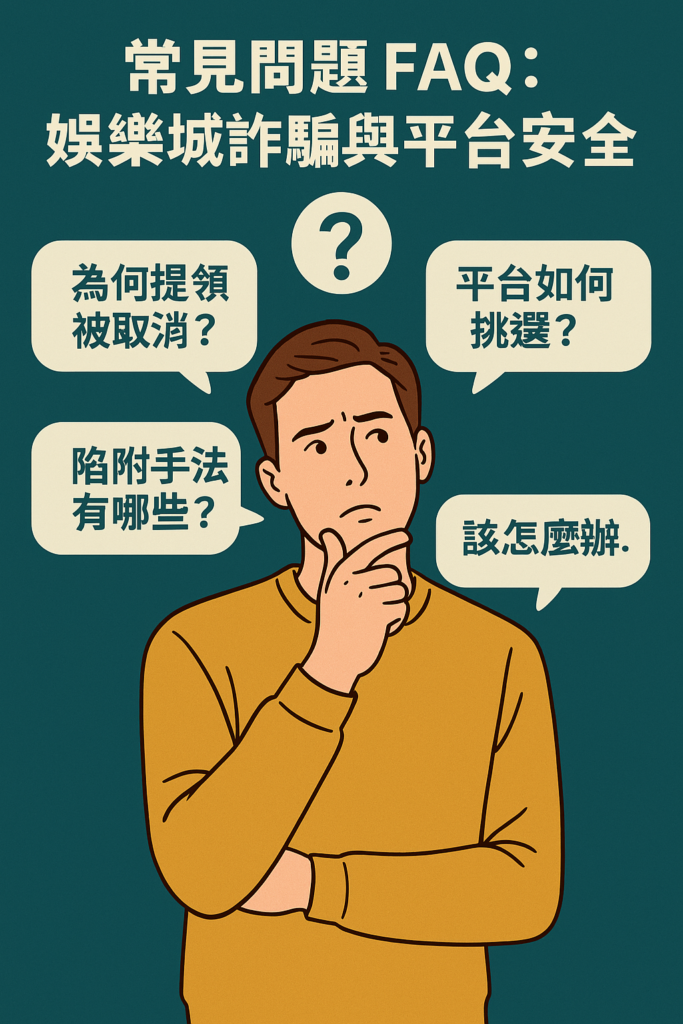 常見娛樂城詐騙與平台安全疑問懶人包，包含提領取消、平台挑選與陷阱手法等問題